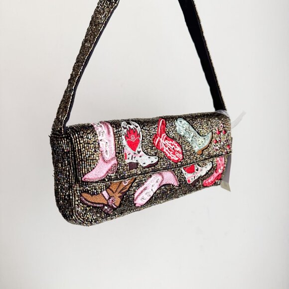 Cowboy boot western cowboy carter print fully beaded Shoulder Baguette Bag - Picture 4 of 11